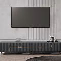 Modern Dark TV Stand with Golden Handles Against Gray Vertical Striped Wall and Mounted TV