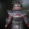 Red Faced Demon Character In Ornate Samurai Armor With Horned Helmet And Metallic Details