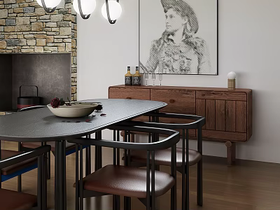 Modern Restaurant With Gray Dining Table Brown Leather Chairs Wooden Sideboard And Black White Painting 3d model