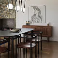 Modern Restaurant With Gray Dining Table Brown Leather Chairs Wooden Sideboard And Black White Painting