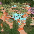 Outdoor Children's Play Area With Colorful Circular Design And Lush Green Trees