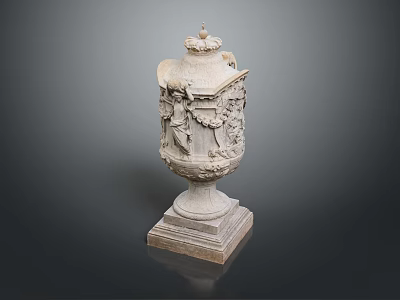 Ornate Carved Stone Vase With Detailed Relief Decorations And Sturdy Square Base 3d model