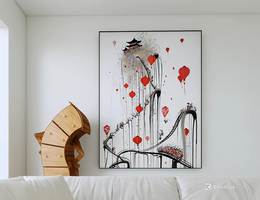 Artistic Oil Painting Featuring Red Heart Balloons Bridge Black White Lines And Dripping Design 3d model 