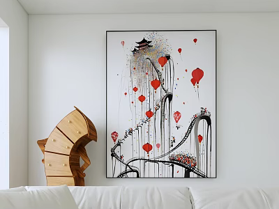 Artistic Oil Painting Featuring Red Heart Balloons Bridge Black White Lines And Dripping Design 3d model