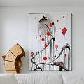Artistic Oil Painting Featuring Red Heart Balloons Bridge Black White Lines And Dripping Design