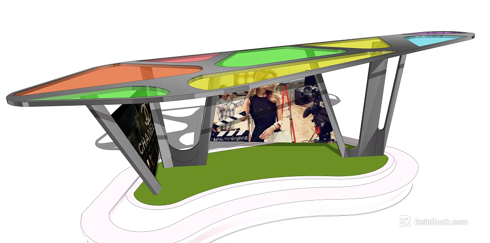 Pergola With Colorful Roof Metal Frame Green Lawn And Side Posters 3d model 