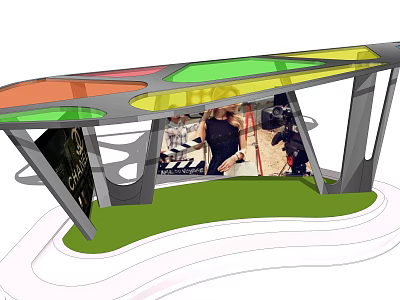 Pergola With Colorful Roof Metal Frame Green Lawn And Side Posters 3d model