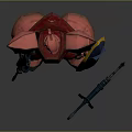 Red Armored Mecha Game Character With Blue Shield And Gun Weapon Design