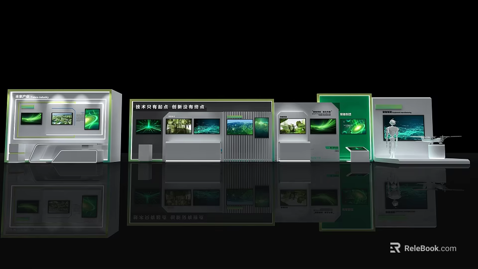 Modern Photo Check-in Spot With Green Display Wall And Digital Screens 3d model 
