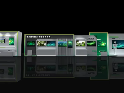 Modern Photo Check-in Spot With Green Display Wall And Digital Screens 3d model
