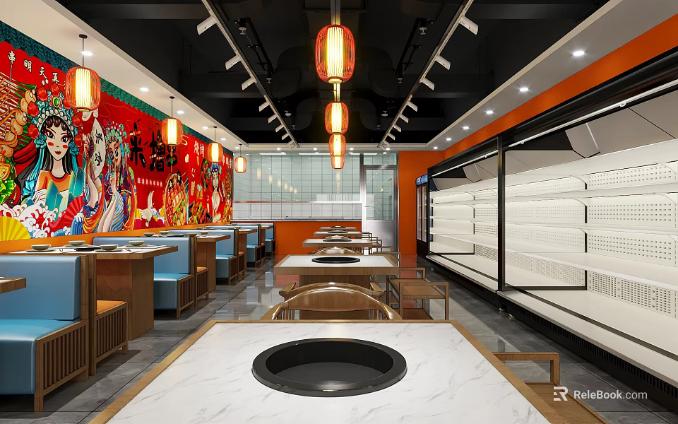 Shopping Mall Hotpot Restaurant With Red Lanterns Peking Opera Mural Marble Tables And Blue Seats 3d model 