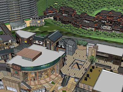 Modern Commercial Street With Traditional Architecture Plaza Area Pedestrian Spaces And Surrounding Greenery 3d model
