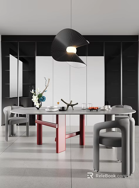 Modern Round Dining Table and Grey Chairs Set With Red Legs Pendant Light Decor Items 3d model 