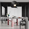 Modern Round Dining Table and Grey Chairs Set With Red Legs Pendant Light Decor Items