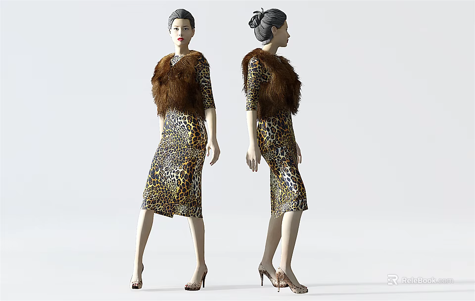 Woman Wearing Leopard Print Dress With Brown Fur Vest And High Heels In Two Poses 3d model 