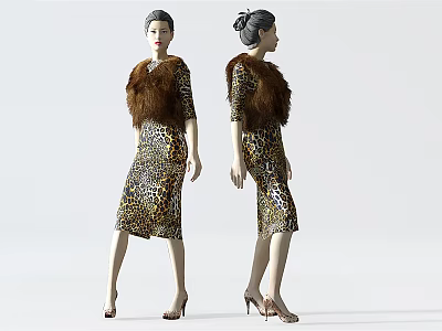 Woman Wearing Leopard Print Dress With Brown Fur Vest And High Heels In Two Poses 3d model
