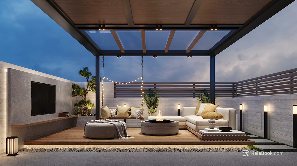 Modern Garden Landscape Design With Glass Roof Wooden Deck Outdoor Sofa Plants And String Lights 3d model 