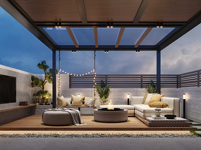 Modern Garden Landscape Design With Glass Roof Wooden Deck Outdoor Sofa Plants And String Lights 3d model