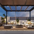 Modern Garden Landscape Design With Glass Roof Wooden Deck Outdoor Sofa Plants And String Lights