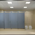 Public Restroom Interior With Modern Partitions Sinks Mirrors Tiled Walls And Bright Lighting