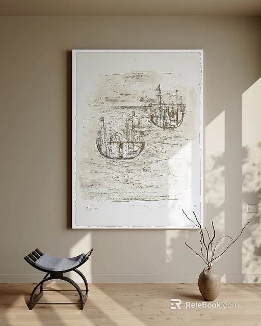 Abstract Painting With Two Boats Textured Background Framed On Neutral Wall 3d model 