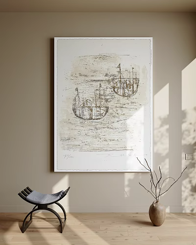 Abstract Painting With Two Boats Textured Background Framed On Neutral Wall 3d model