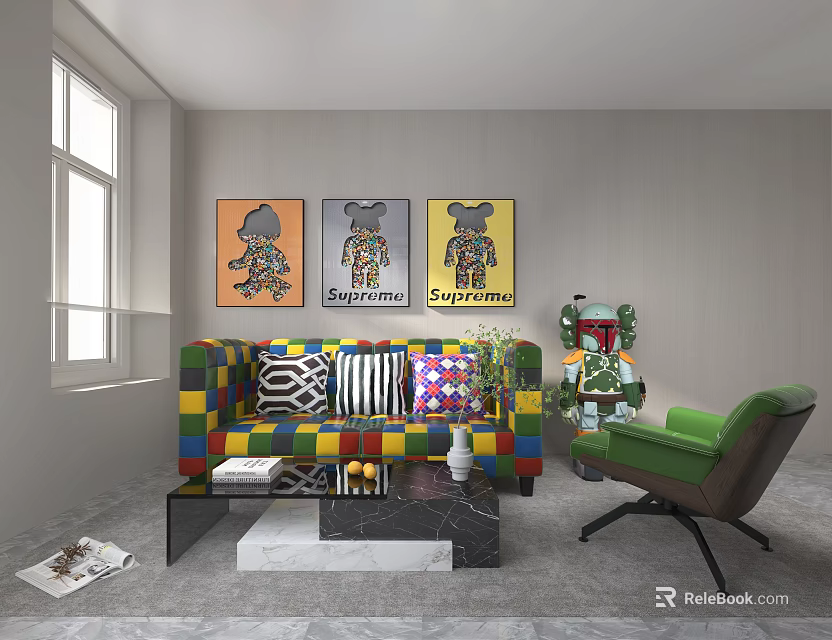 Colorful Patchwork Leisure Sofa Set With Geometric Cushions Green Armchair And Wall Art Paintings 3d model 