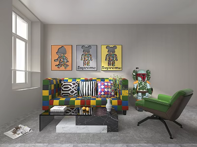 Colorful Patchwork Leisure Sofa Set With Geometric Cushions Green Armchair And Wall Art Paintings 3d model
