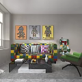 Colorful Patchwork Leisure Sofa Set With Geometric Cushions Green Armchair And Wall Art Paintings