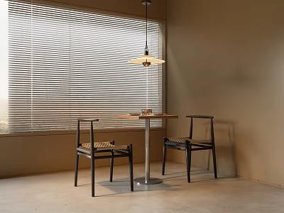 Simple Dining Table With Two Chairs Pendant Light Blinds Light Brown Walls And Gray Floor 3d model