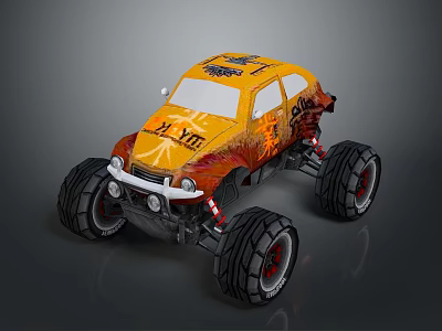 Orange Monster Truck With Large Tires And Decorative Graphics On Body 3d model