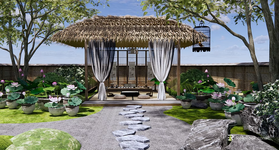 Chinese Pergola with Thatched Roof in Traditional Courtyard Surrounded by Lotus Flowers and Stone Path 3d model 