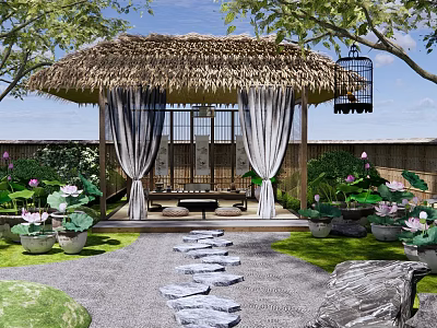 Chinese Pergola with Thatched Roof in Traditional Courtyard Surrounded by Lotus Flowers and Stone Path 3d model