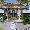 Chinese Pergola with Thatched Roof in Traditional Courtyard Surrounded by Lotus Flowers and Stone Path