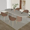 Elegant Oval Dining Table Set with Four Beige Chairs Green Plant Vase and Wooden Floor