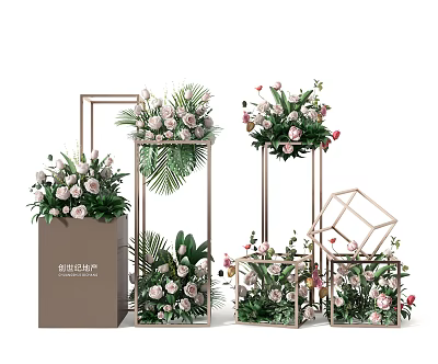 Elegant Modern Flower Vases With Pink Roses And Green Leaves On Geometric Stands 3d model