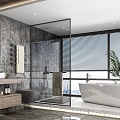 Modern Bathroom Interior With Double Sink Vanity Wooden Accents Marble Walls And Glass Shower