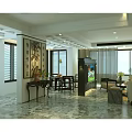 Elegant Living and Dining Room Interior With Marble Floor Sofa Coffee Table And Decorative Painting