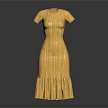 Yellow Knitted Short Sleeve Dress With Frilled Hem And Textured Pattern