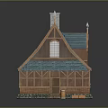 Small Traditional Wooden Cottage With Blue Roof Windows And Chimney