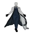 Male Model Wearing White Long Coat Blue Vest Blue Pants And Black Gloves