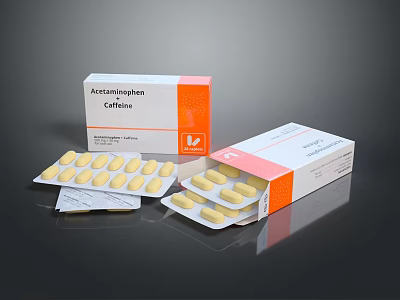 Acetaminophen Caffeine Tablets In Open Orange And White Box Packaging 3d model