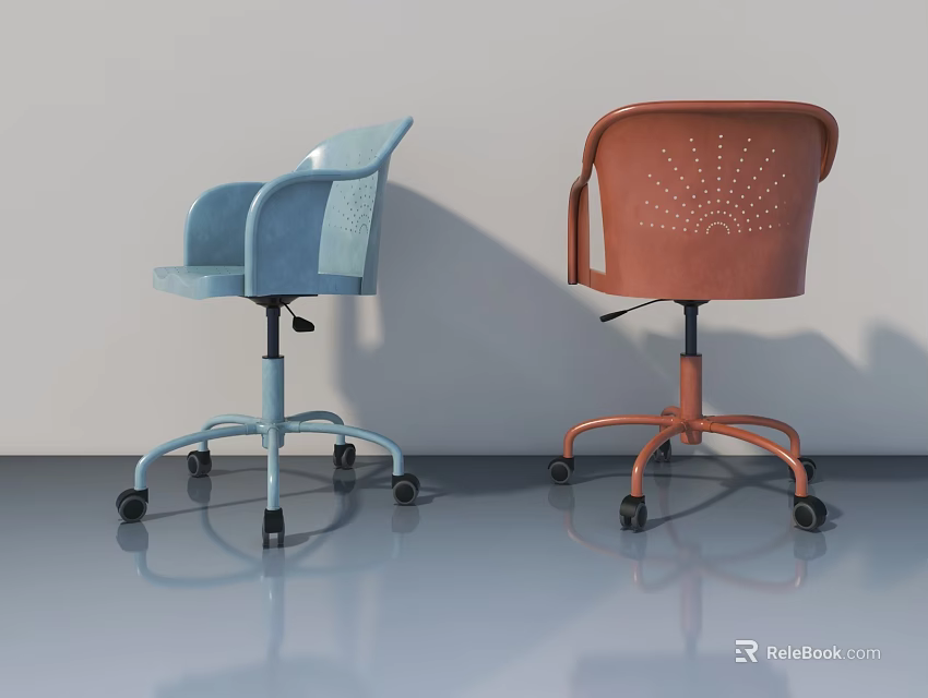 Blue And Brown Office Chairs With Wheels Armrests On Gray Floor White Wall Background 3d model 