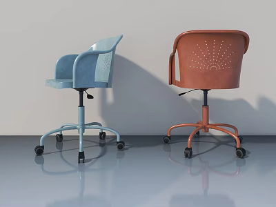Blue And Brown Office Chairs With Wheels Armrests On Gray Floor White Wall Background 3d model