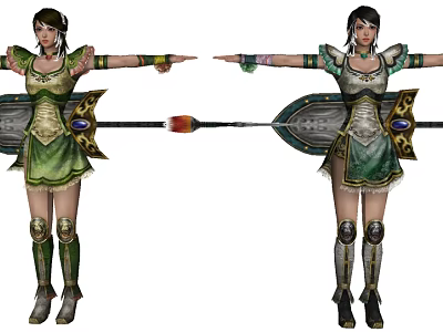 Game Movie Female Characters in Green Costumes with Armor Details and Decorative Spear 3d model