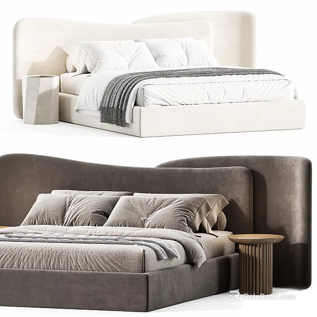 Modern Minimalist Double Bed With White And Gray Bedding And Bedside Table 3d model