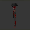 Red Hair Female Character In Red Tight Suit With Mechanical Arms And Hexagonal Hammer