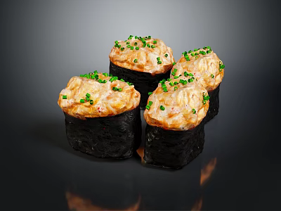 Fresh Crab Sushi Pieces With Orange Filling And Green Scallions On Black Background 3d model