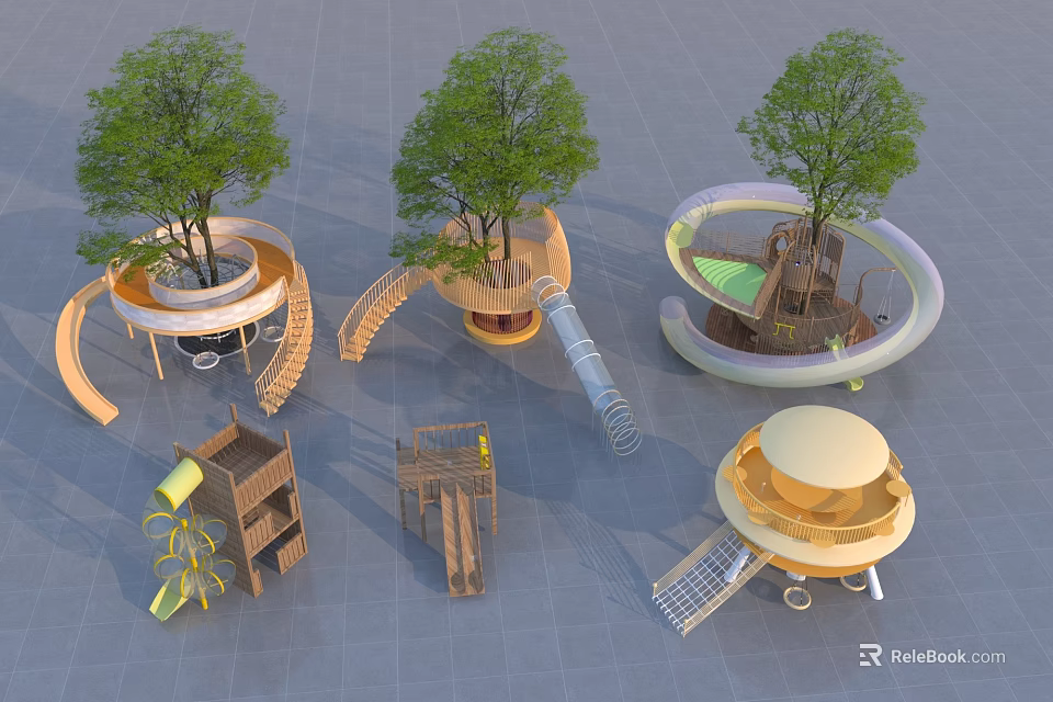 Creative Playground Equipment With Trees Spiral Slides Wooden Platforms And Circular Structures 3d model