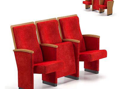 Multiple Red Upholstered Public Chairs With Wooden Armrests For Public Areas 3d model